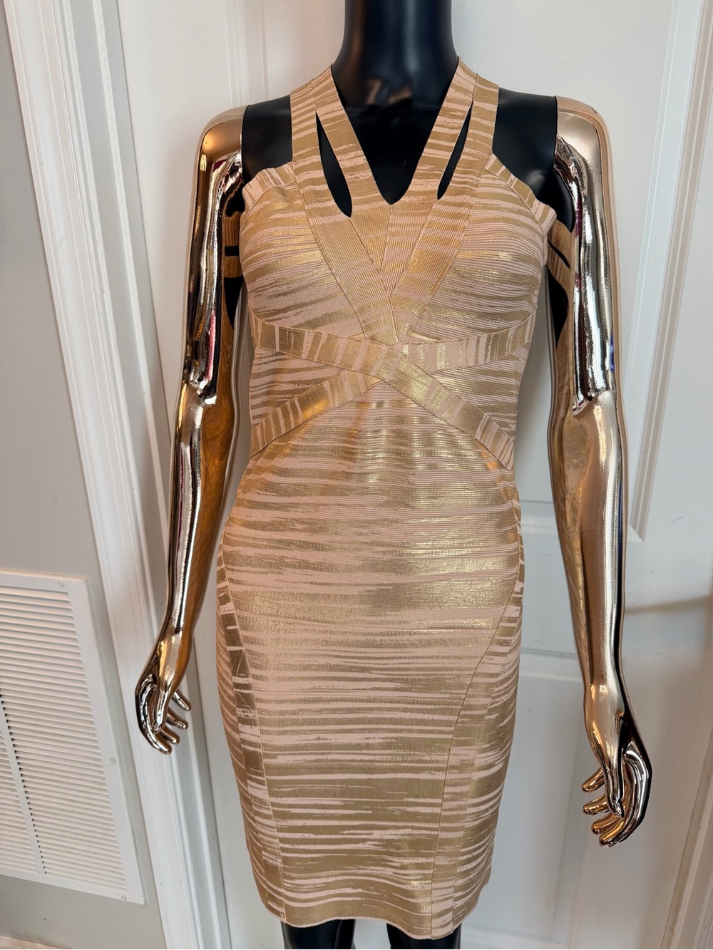 Gold-Toned Strappy Mini Bodycon Dress